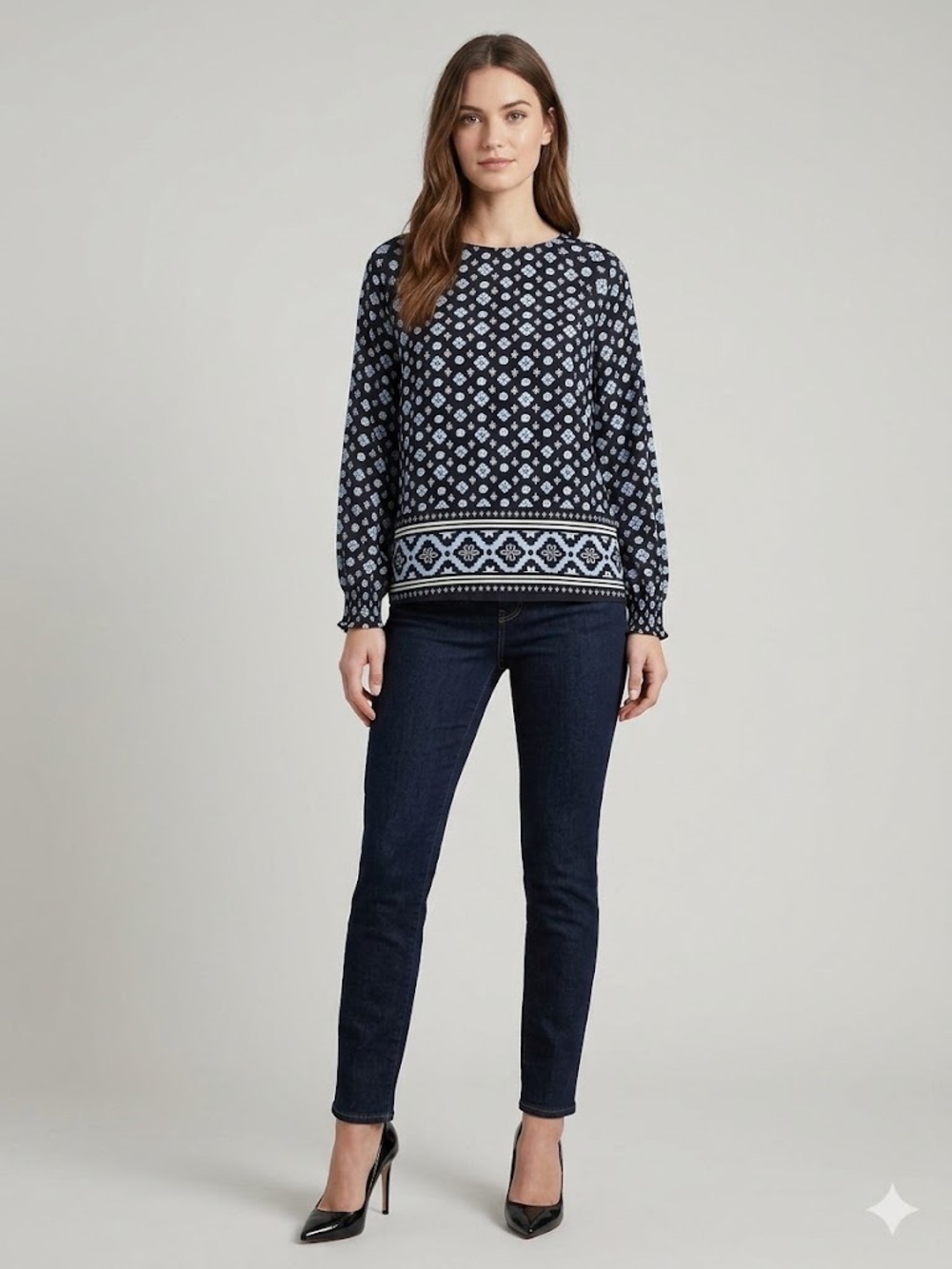LOFT Black Printed Border-Hem Long Sleeve Blouse